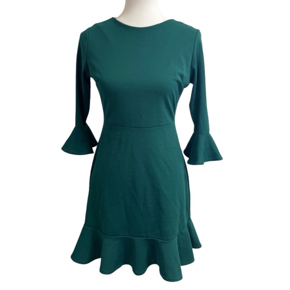 Women's dark green 3/4 long sleeve dress, small. Ruffle sleeve, cocktail party